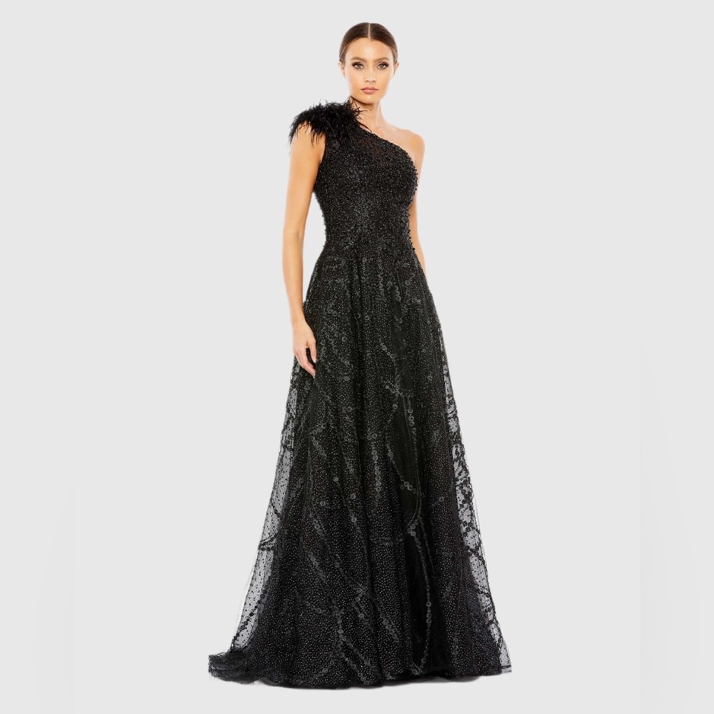 Mac Duggal 20389 one shoulder with feather
